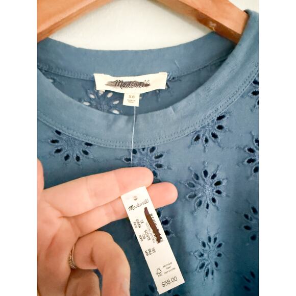 Madewell | NWT Embroidered Wide-Sleeve Boxy Tee in Sunfaded Blue | Sz XS - Picture 4 of 8